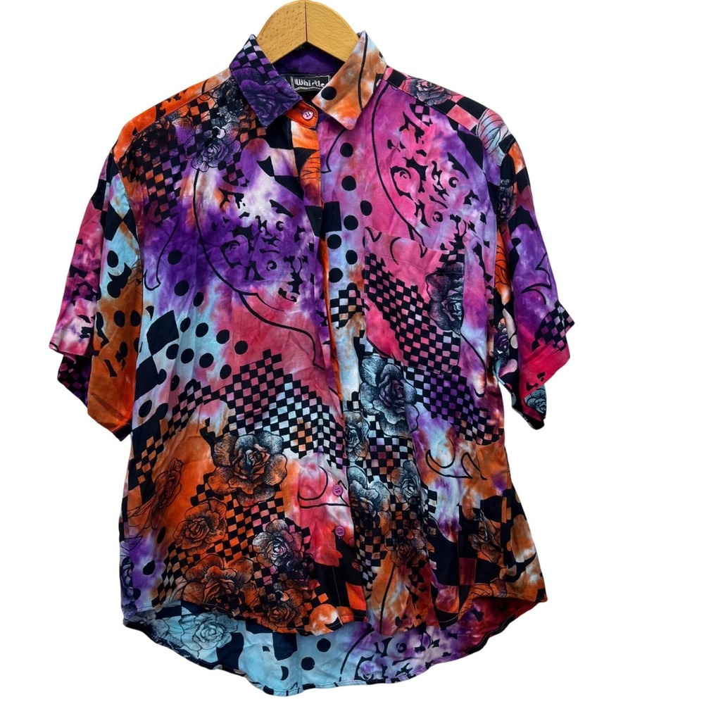 Whistlers Womens Rayon Button Up Shirt Mixed Print Tie Dye Floral Medium VTG 90s